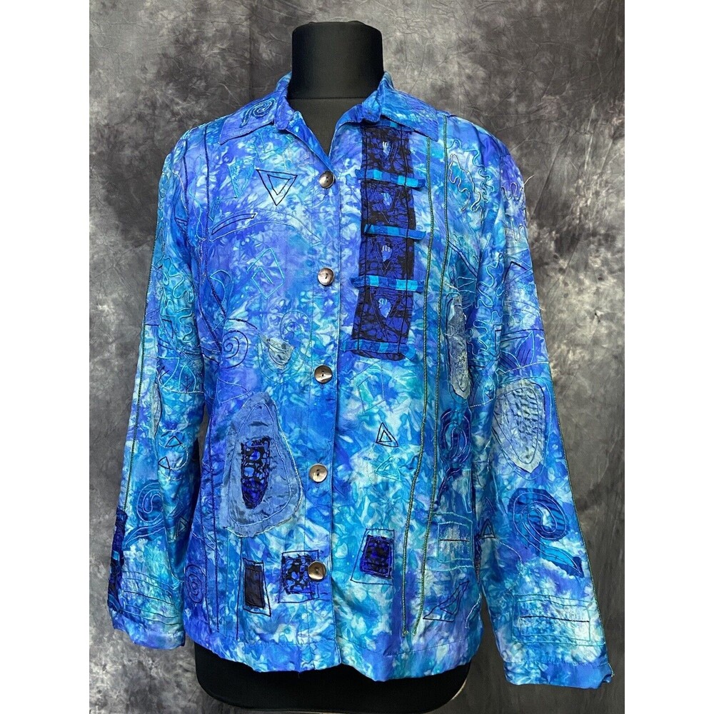 Chico’s Design Sz 1/Medium 100% Silk Mixed Media Embroidered Buttoned Jacket - Picture 1 of 4